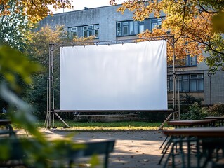 Outdoor Movie Screen Setup in Park Setting with Trees and Building in Background : Generative AI