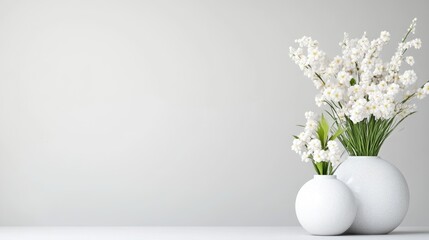 Minimalist white flowers in vases on a light background