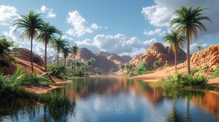 Oasis in the middle of the desert. Illustration.