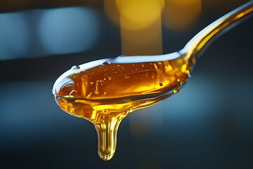 A spoon displaying flowing golden liquid dripping downwards gently