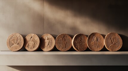 A sequence of sculpted clay discs, each with distinct cultural carvings, neatly arranged on a minimalist display shelf