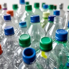 Close-up of many clear plastic water bottles with blue and green caps, tightly packed together.
