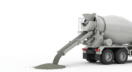 Concrete mixer truck dispensing cement against a plain white backdrop showing clarity