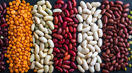 Colorful assortment of lentils and beans arranged in neat rows on a dark background.