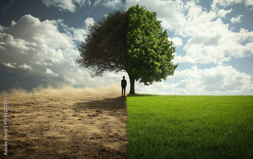 Poster Compelling image featuring a split landscape with a lush tree juxtaposed against dry soil and dramatic clouds : Generative AI