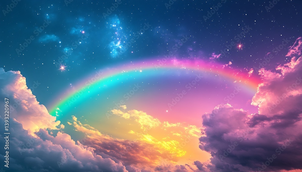 Poster magical view of a radiant rainbow gracefully arching across a starry sky filled with bright clouds :