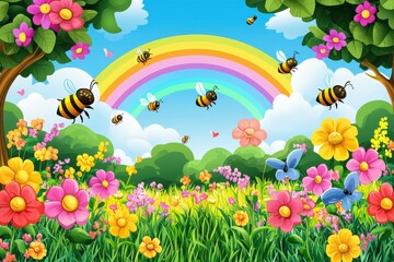 Fototapeta premium Colorful Garden Scene with Bees and Rainbow Under Clear Sky