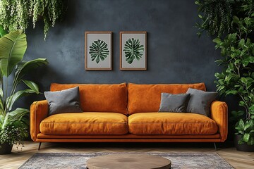 Cozy Living Room with Orange Sofa and Tropical Plants Interior Decor Home Design Style Modern Apartment Aesthetic and Greenery : Generative AI
