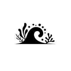 Minimalist Black Ocean Wave and Seaweed Icon on White