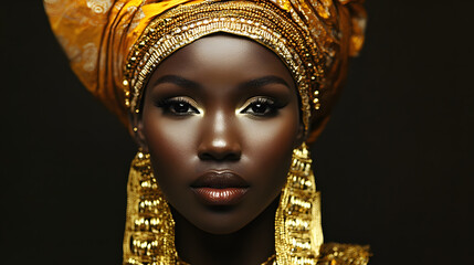 Elegant portrait of a woman with dark skin adorned with golden jewelry and a headwrap. Her makeup enhances her features, creating a striking and sophisticated look.