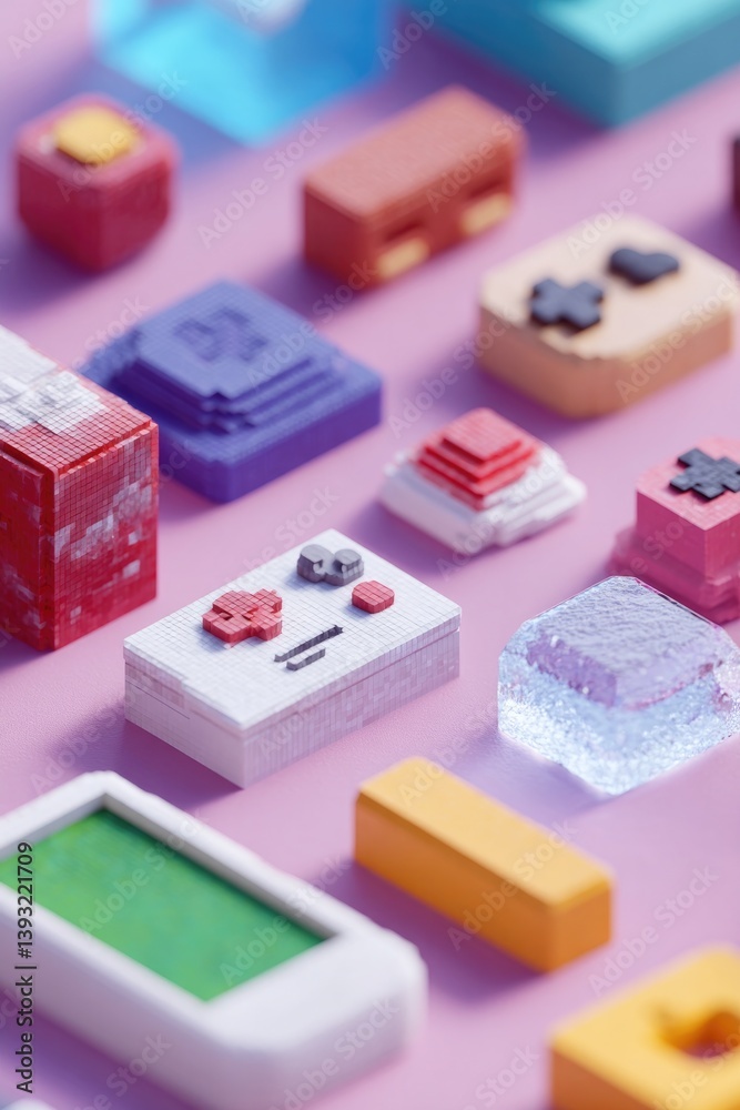 Poster vibrant pixel art scene featuring retro elements and colorful 3d objects filled with nostalgia perfe