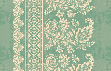 floral pattern vintage ethnic modern embroidery texture boho design vector illustration hand drawn pink flower motif branches leaves wallpaper seamless background border. © Thitichot