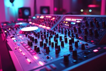 The Electronic Music Studio Is Illuminated By Neon Colors