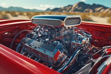 Chrome V8 engine gleaming in a classic red car, desert backdrop.