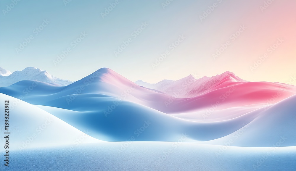 Poster visually striking snowcovered hills under a gentle sunrise glow with shades of pink and blue in a tr