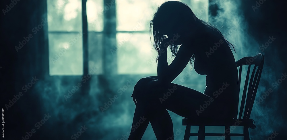 Poster mystical silhouette of a woman in smoke by a window in a quiet space : generative ai