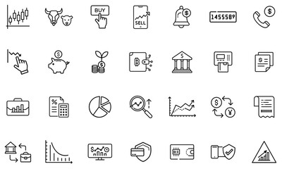 Clean outline icon set for finance, stock trading, investing, Crypto, and banking. Editable stroke style.
