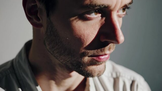 Intense gaze of a pensive man in soft dramatic lighting