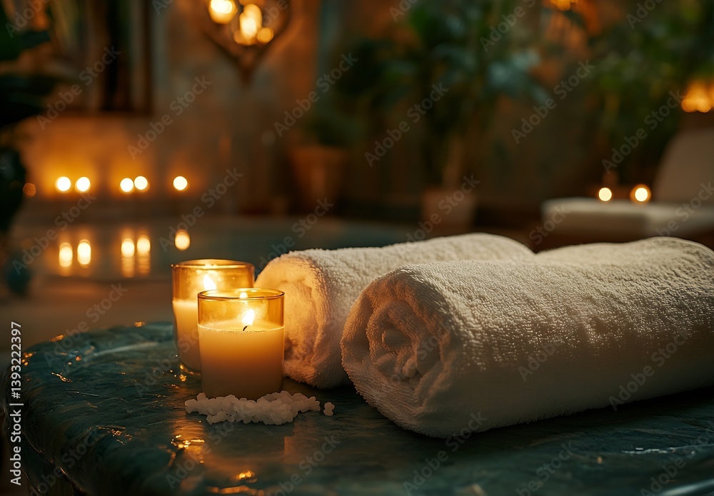 Poster serene spa retreat with soft towels candles and relaxing ambiance for wellness and tranquility : gen
