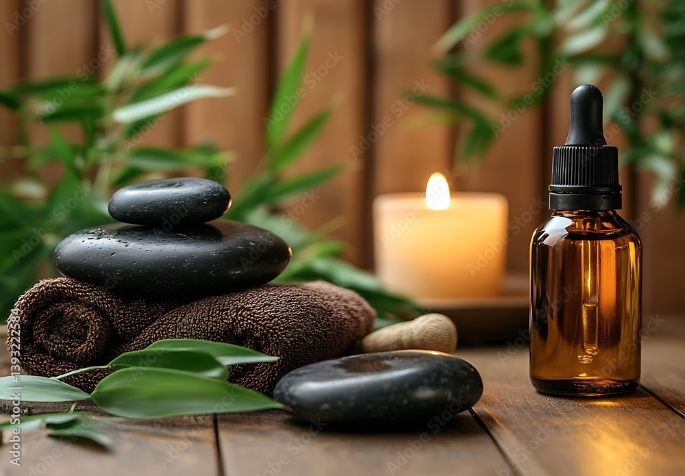 Poster tranquil arrangement of black stones with essential oil bottles and soft towel in a warm setting : g