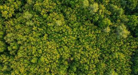 Naklejka premium lush green forest canopy adorned with vibrant yellow flowers conveying a sense of tranquility and harmony showcasing nature's beauty from an aerial perspective