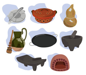 Typical Mexican kitchen utensils, metate, molcajete, tortilla press, grinder, comal, clay pot, chocolate maker, vector illustration
