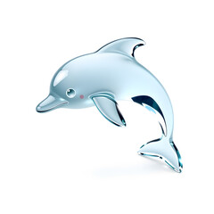 Fototapeta premium Dolphin – A 3D glass dolphin figurine, gracefully curved with a sleek and glossy finish, light reflections adding depth, floating effect, white background, cute icon illustration. Generative AI