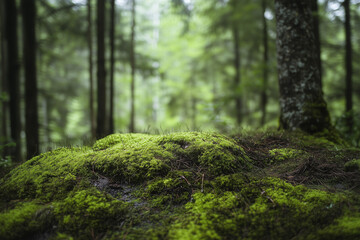 Mossy Forest Floor with Lush Green Growth in a Tranquil Setting
