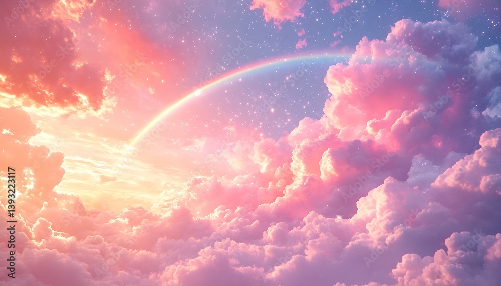 Aufkleber Dramatic rainbow emerging from vibrant sunset clouds with a brilliant starry sky creating an enchanting view : Generative AI