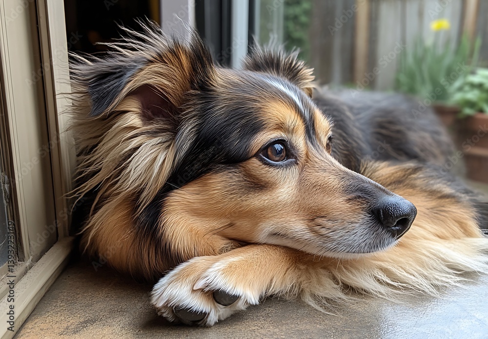 Aufkleber cute dog lounging next to an open window gazing thoughtfully into the garden outside : generative ai