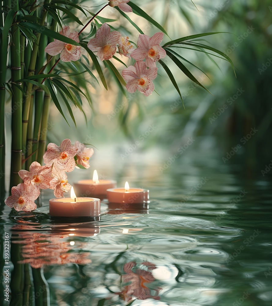 Poster Relaxing view of floating candles amidst vibrant pink orchids in a tranquil water environment : Generative AI