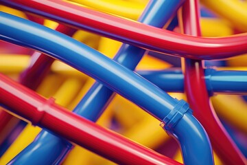 Abstract image of vibrant, intertwined blue, red, and yellow pipes, creating a complex network.