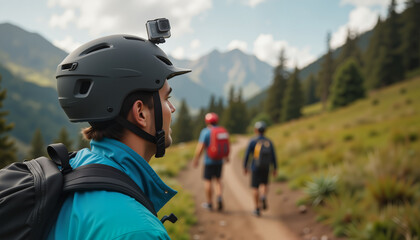 Adventurous hiking with action camera, breathtaking mountain scenery