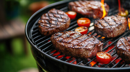 Juicy steaks are sizzling on a grill with vibrant tomatoes alongside, surrounded by greenery in a backyard barbecue. The warm summer sun enhances the cozy atmosphere