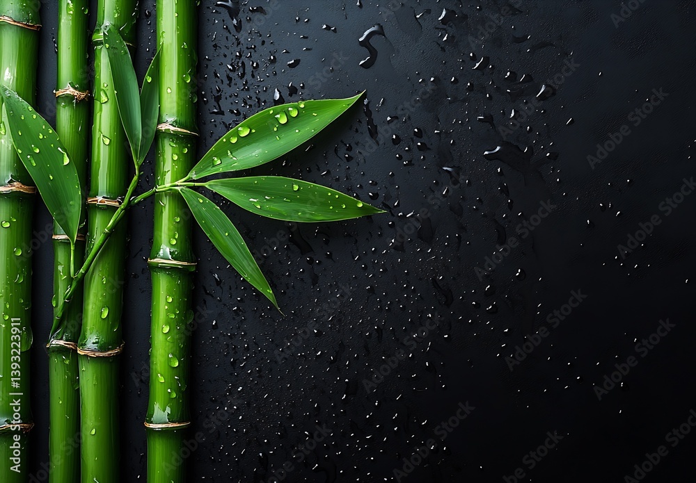Aufkleber close up view of bamboo shoots with droplets reflecting light on a dark surface showcasing nature's 