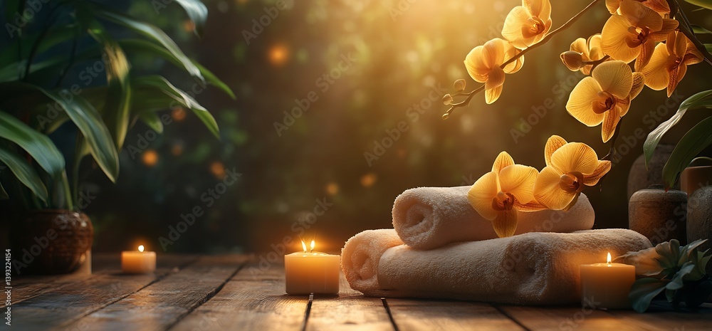 Aufkleber tranquil spa scene with yellow orchids rolled towels and candles on wooden surface for wellness and 