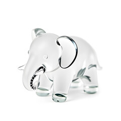 Elephant – A 3D adorable glass elephant figurine, transparent with gentle light bending, small and chubby design, smooth polished finish, white background, icon-style illustration. Generative AI