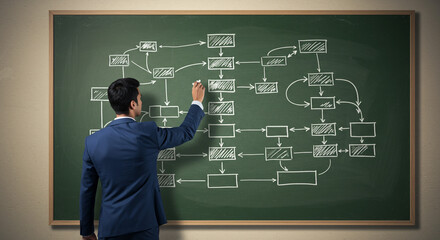 A focused businessman strategically designing a complex flowchart on a dark green chalkboard, meticulously crafting a visual plan with chalk.
