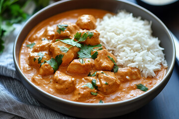 Creamy Chicken Tikka Masala with Basmati Rice in Rustic Bowl
