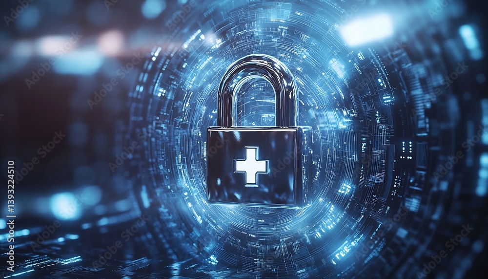Aufkleber advanced digital padlock with medical symbol surrounded by cybersecurity elements : generative ai