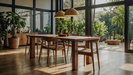 Dining area featuring a wooden table surrounded by plants and large windows allowing natural light.