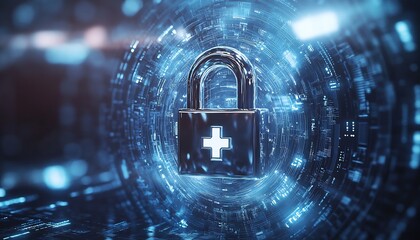 Advanced Digital Padlock with Medical Symbol Surrounded by Cybersecurity Elements : Generative AI