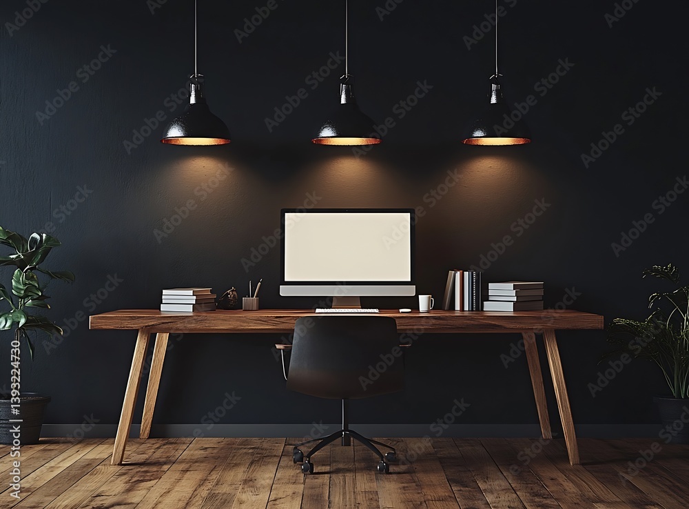 Poster modern home office setup minimalist workspace with wood desk computer books and plants against a dar
