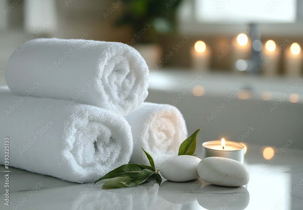 Poster clean white rolled towels with candle and stones on marble countertop spa and relaxation concept tra
