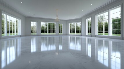 Luxurious, spacious interior with large windows overlooking a garden. Sleek, modern design