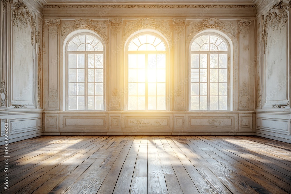 Aufkleber sun drenched empty room with elegant windows and hardwood floor sunlight streaming through classic a