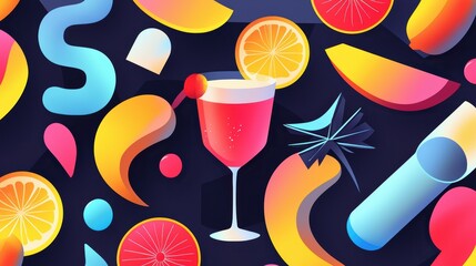 Seamless pattern of high-contrast cocktail silhouettes, dynamic neon swirls, and glowing fruit slices, creating a futuristic tropical bar scene - beverage contemporary nightlife