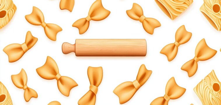 Seamless pattern of homemade pasta, golden fettuccine ribbons, and rustic wooden rolling pins, Italian and artisanal - fresh chef dough savory