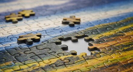 A nearly complete jigsaw puzzle depicting a serene landscape, a testament to perseverance and the joy of almost finishing a challenging task, showcasing rich autumnal colors and intricate detail.