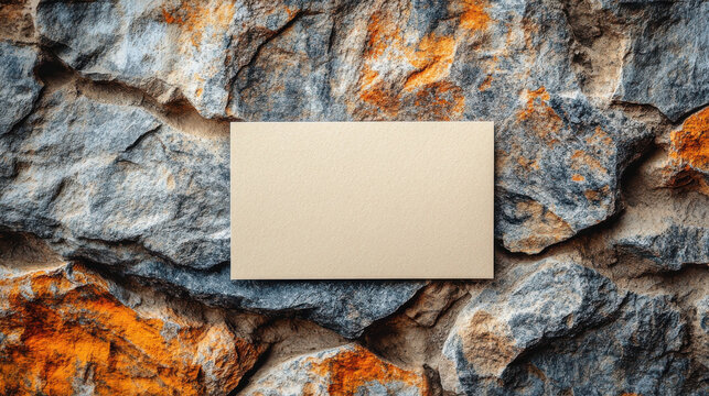 A blank beige card is positioned against a backdrop of natural stone, featuring a mix of gray and rust-colored textures. The rocky surface provides a rustic and earthy vibe